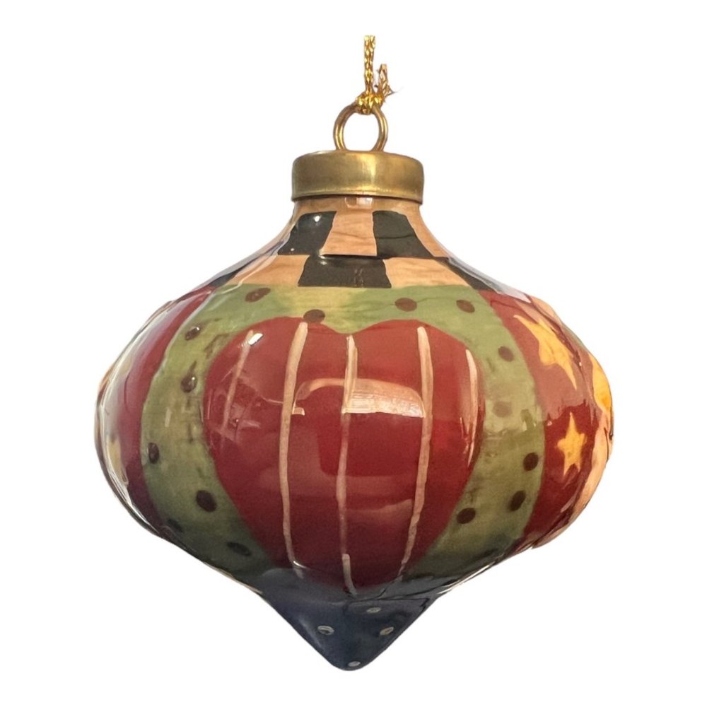 Santa Clouse Ornament Teardrop Ceramic, Porcelain Star Patchwork Rustic Country - Picture 6 of 7